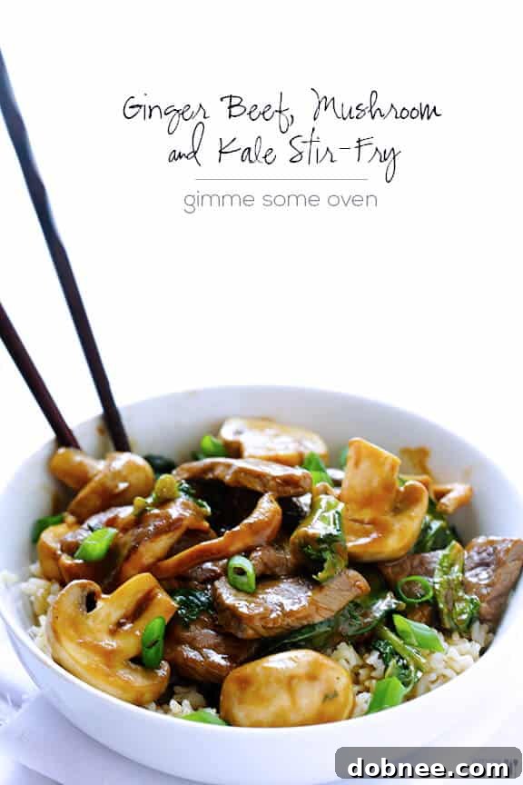 A top-down view of the delicious Ginger Beef, Mushroom & Kale Stir-Fry, highlighting its fresh ingredients and inviting presentation.