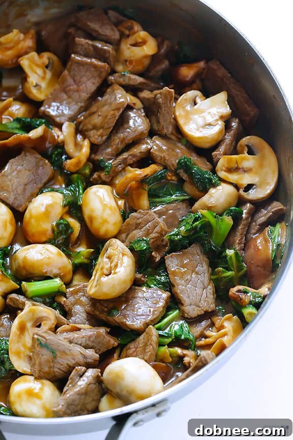 Close-up of the delicious Ginger Beef, Mushroom & Kale Stir-Fry, showcasing the rich colors and textures of the ingredients.