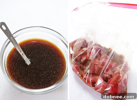 Close-up of the simple yet flavorful ginger marinade ingredients, ready to tenderize the beef for the stir-fry.