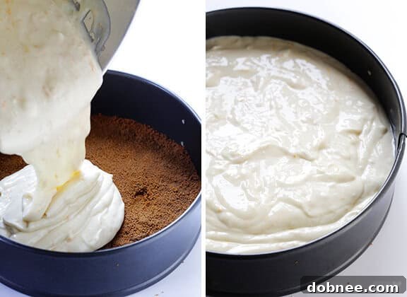 Pouring cheesecake batter into the gingersnap crust