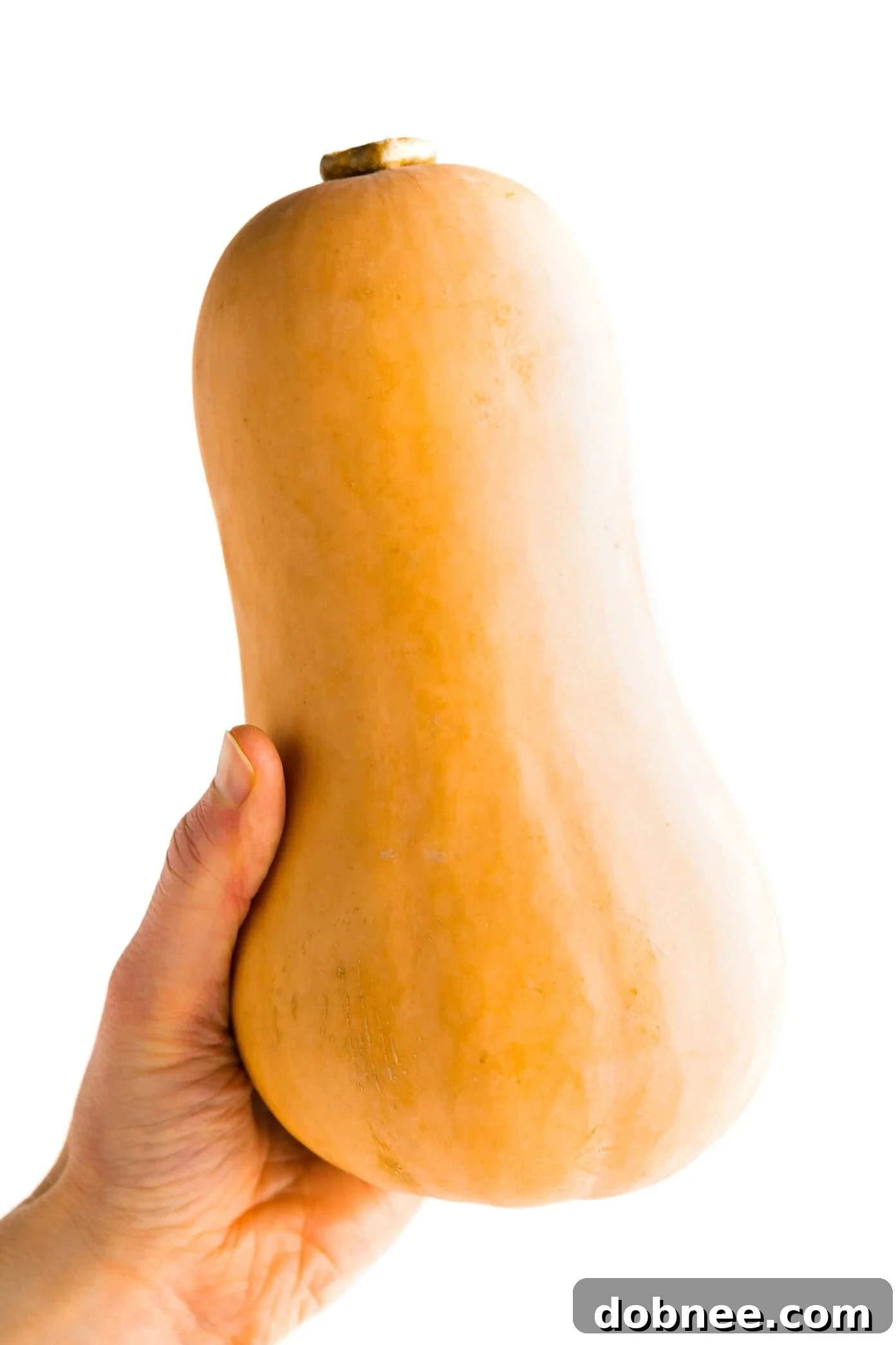 Hands carefully peeling the tough outer skin of a butternut squash using a handheld vegetable peeler