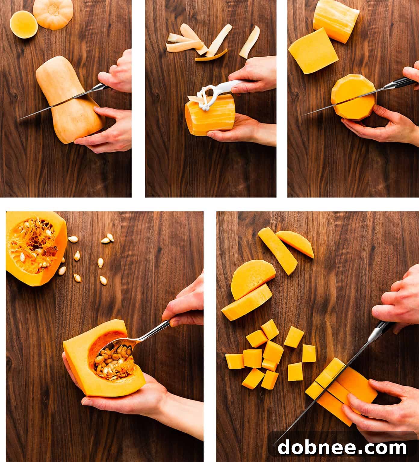 Butternut squash halves with seeds scooped out, neatly arranged and ready for the next step of dicing