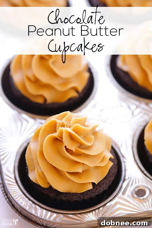A final close-up of a beautifully frosted Chocolate Peanut Butter Cupcake