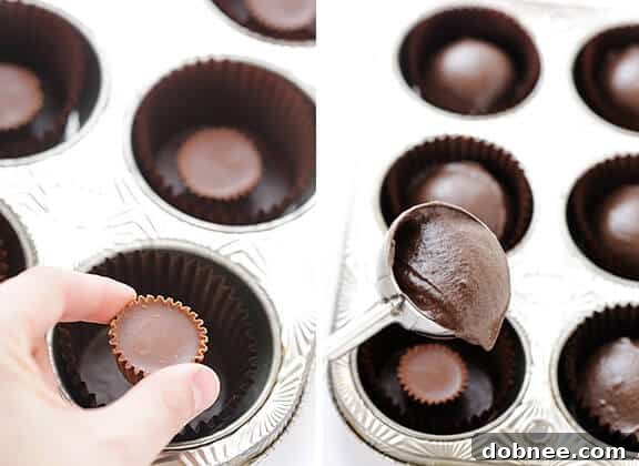 Chocolate cupcake batter with Reese's peanut butter cups