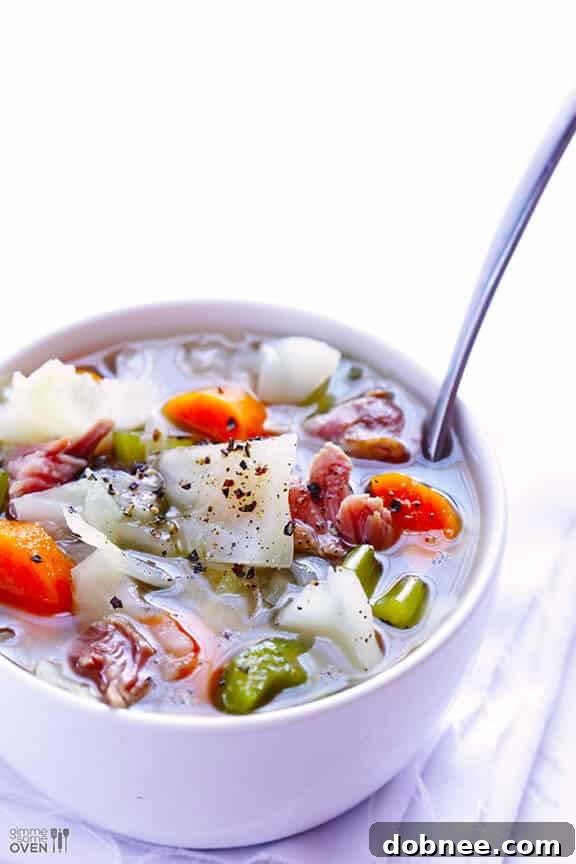 Close-up of a bowl of Ham and Cabbage Soup with fresh herbs