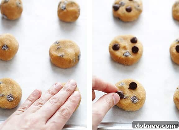 Flattened Peanut Butter Chocolate Chip Cookie Dough on Baking Sheet