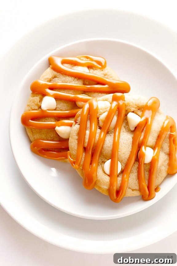 Finished Caramel White Chocolate Cookies arranged on a plate
