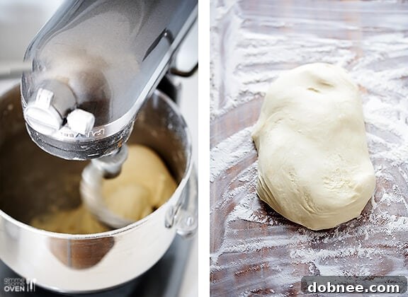 Mixing dough for 1-Hour Nutella Cinnamon Rolls in a stand mixer with a dough hook