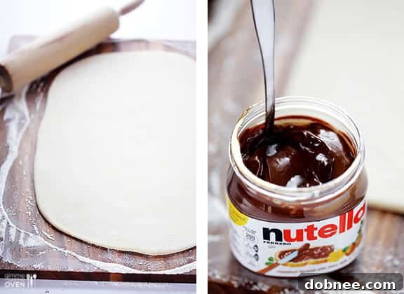 Rolling out soft, elastic dough for Nutella Cinnamon Rolls on a floured surface