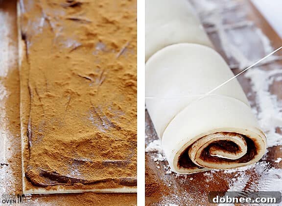 Sprinkling ground cinnamon over Nutella-covered dough for cinnamon rolls