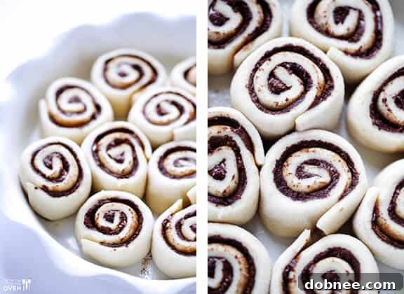 Cutting Nutella Cinnamon Rolls with dental floss for perfect, unsquished shapes