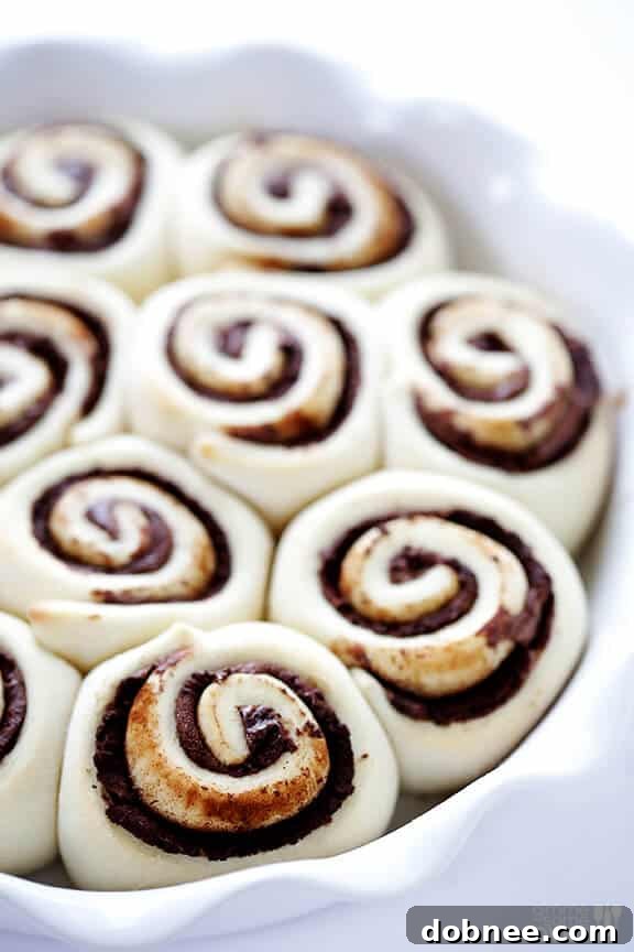Baked 1-Hour Nutella Cinnamon Rolls in a baking dish, golden brown and puffed up