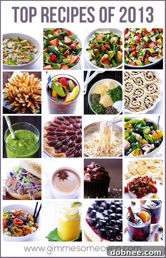 A vibrant collage showcasing the top 13 recipes of 2013 from Gimme Some Oven, featuring various dishes like chili, salads, and baked goods, highlighting popular and author's favorite culinary creations.
