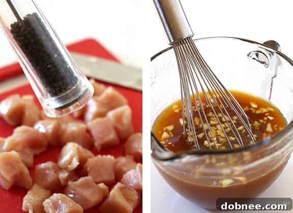 Ingredients for Skinny Orange Chicken laid out: chicken breasts, fresh oranges, honey, soy sauce, garlic, ginger, and green onions.