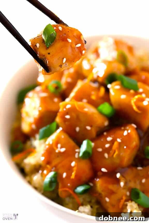 Two images side-by-side: a large bowl of Skinny Orange Chicken and a close-up of the chicken pieces coated in sauce, garnished.