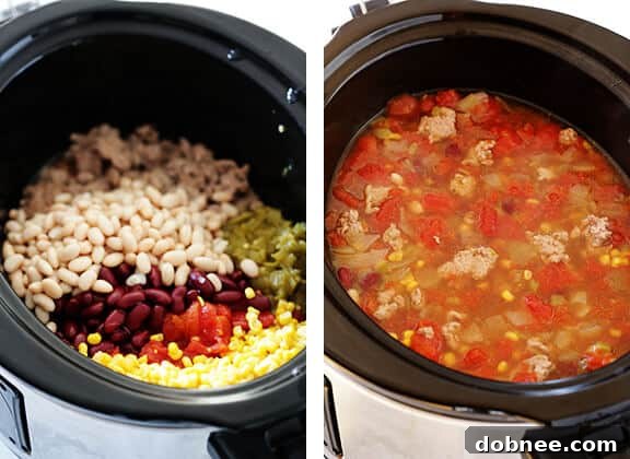 Cooked Skinny Slow Cooker Taco Soup simmering in the pot