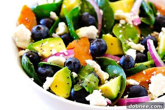 Brain Power Salad: A vibrant Spinach Salad with Salmon, Avocado, and Blueberries for optimal brain health.