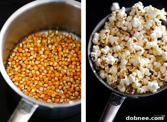 Popcorn kernels popping in coconut oil on the stovetop