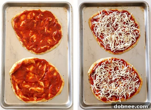 Spreading pizza sauce and cheese on naan for flatbread pizza