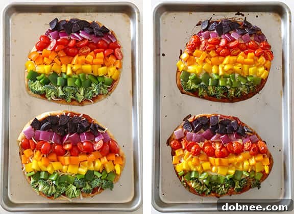 Arranging rainbow vegetables on flatbread pizza before baking