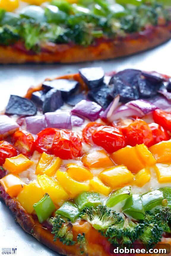 Baked Rainbow Veggie Flatbread Pizza fresh out of the oven