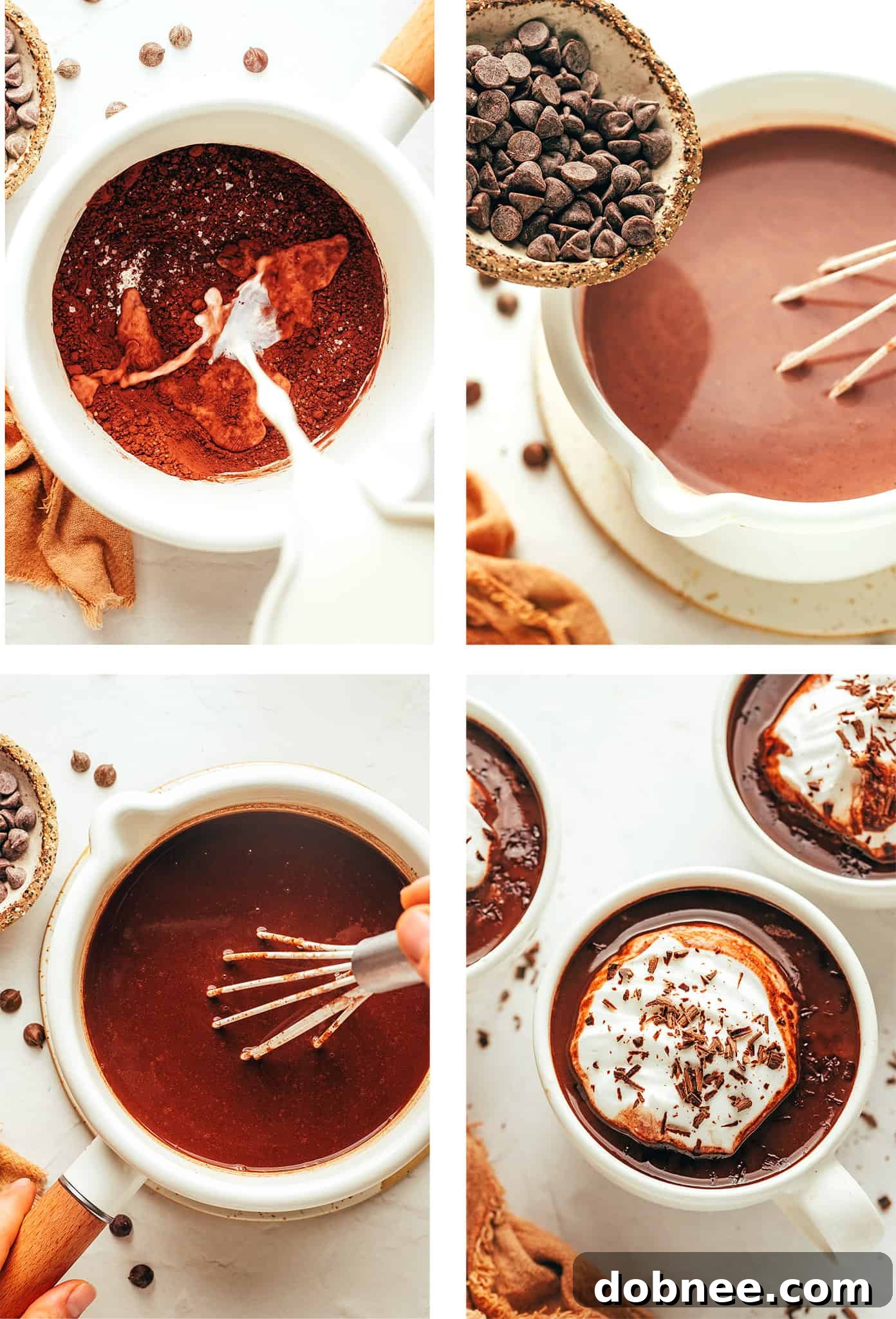 Cozy Cocoa Comfort 4 A saucepan on the stove, with milk and chocolate ingredients being whisked together.