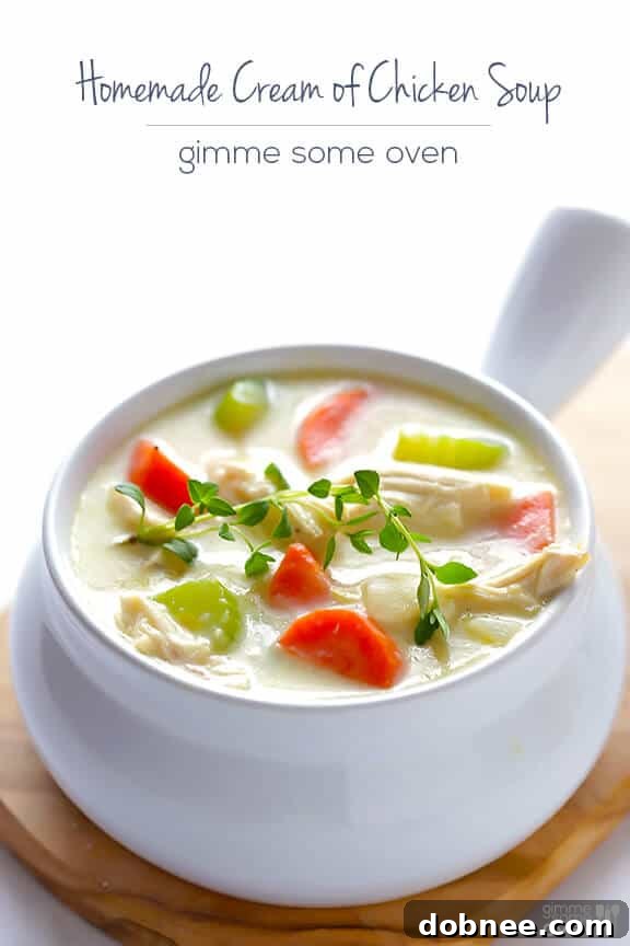 A Comforting Bowl of Homemade Cream of Chicken Soup Homemade Cream of Chicken Soup in a rustic bowl | gimmesomeoven.com