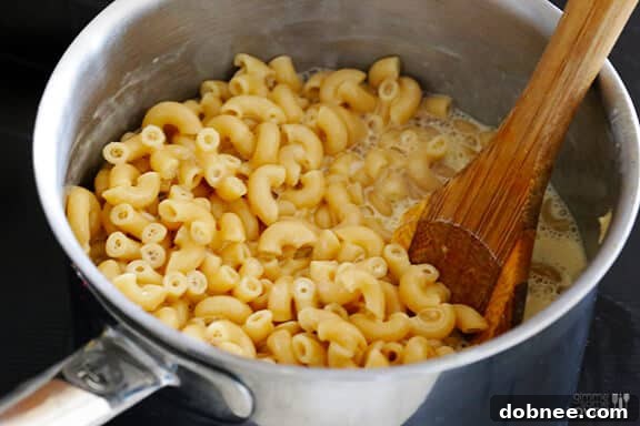 Macaroni and sauce simmering in a pot, thickening slightly.