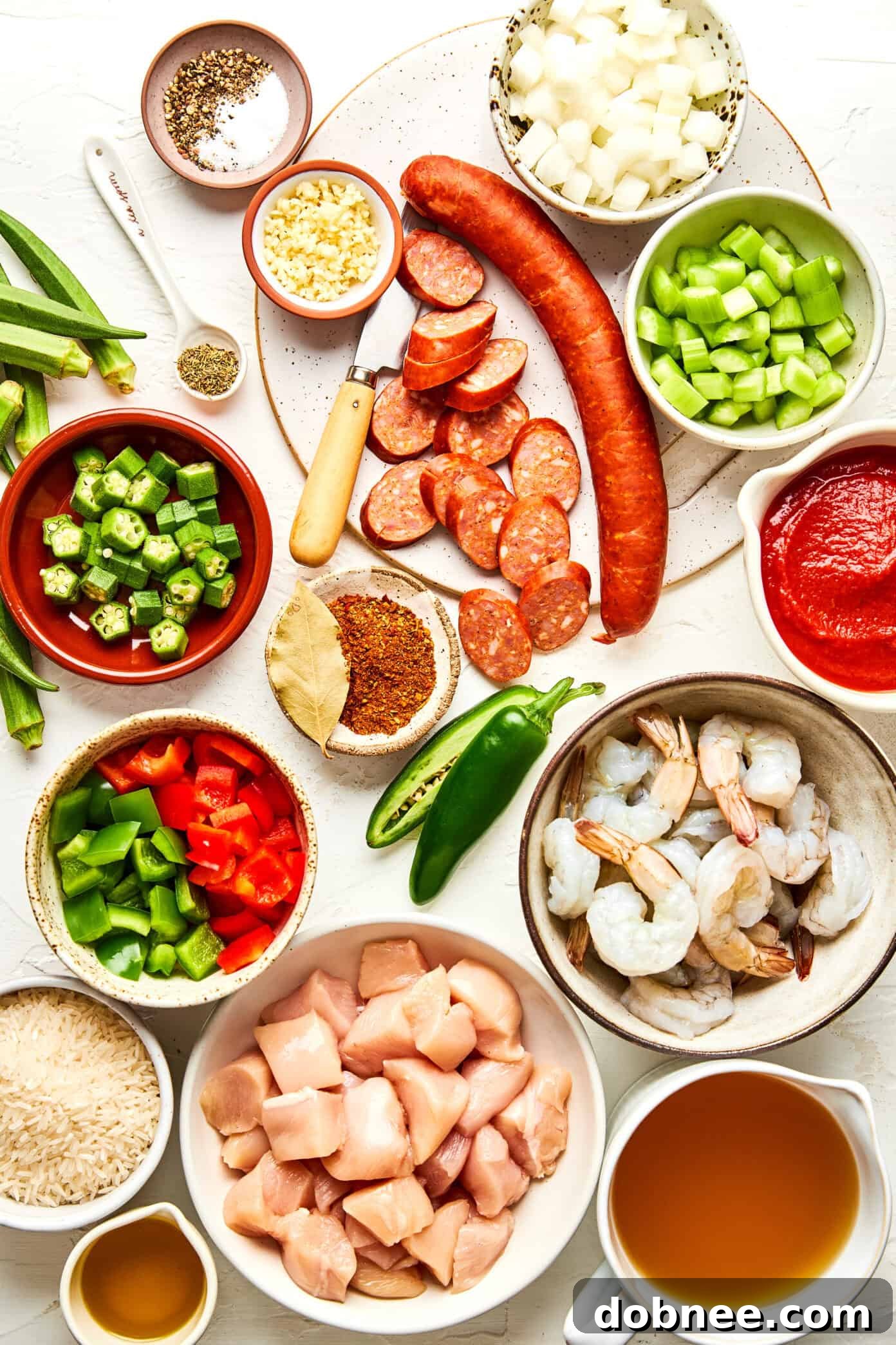 All the fresh ingredients for making homemade Jambalaya displayed beautifully.