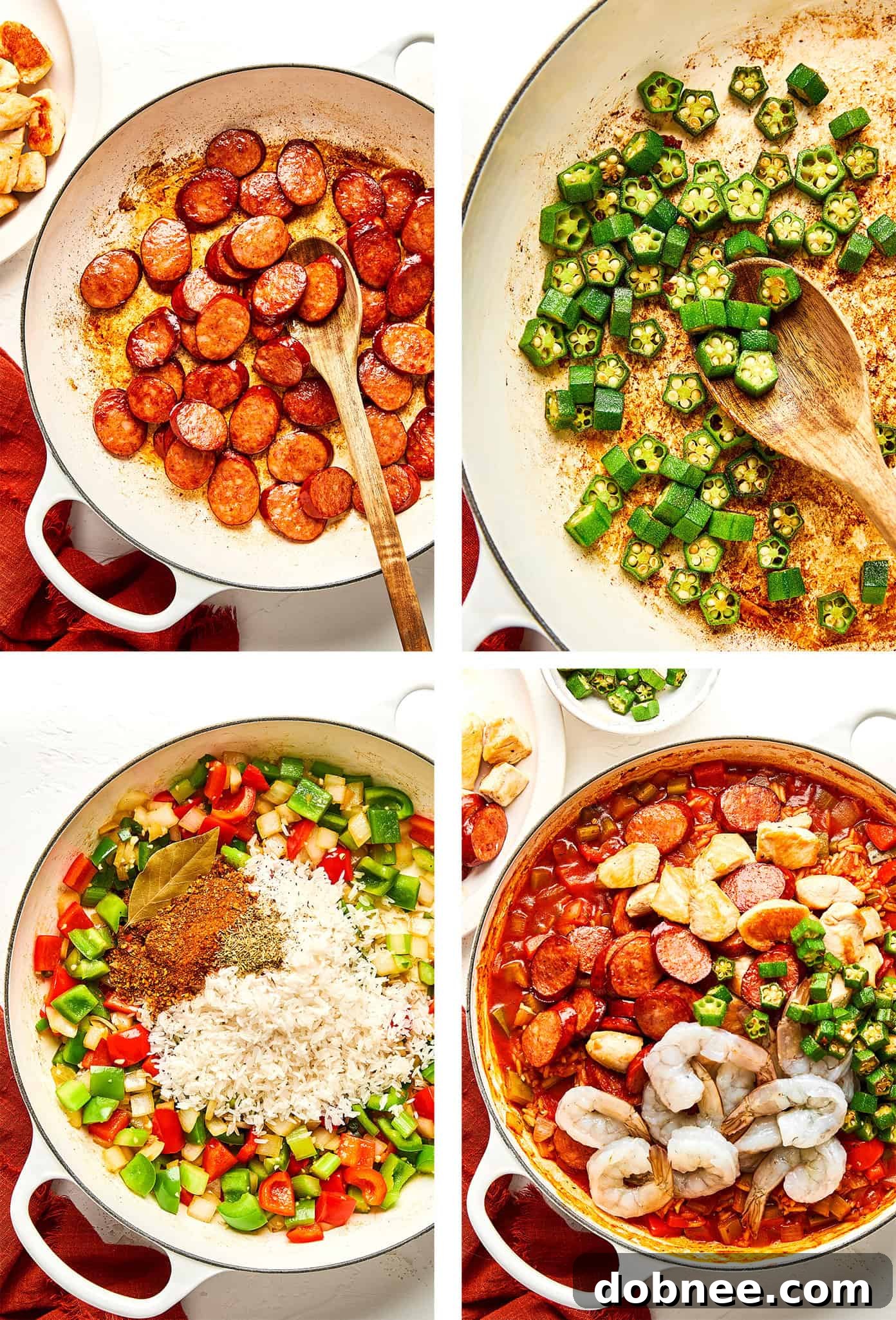 A close-up of a spoon scooping out a generous portion of freshly cooked Jambalaya.