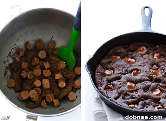 Preparing the cookie dough for the chocolate peanut butter skillet cookie, showcasing mini peanut butter cups.