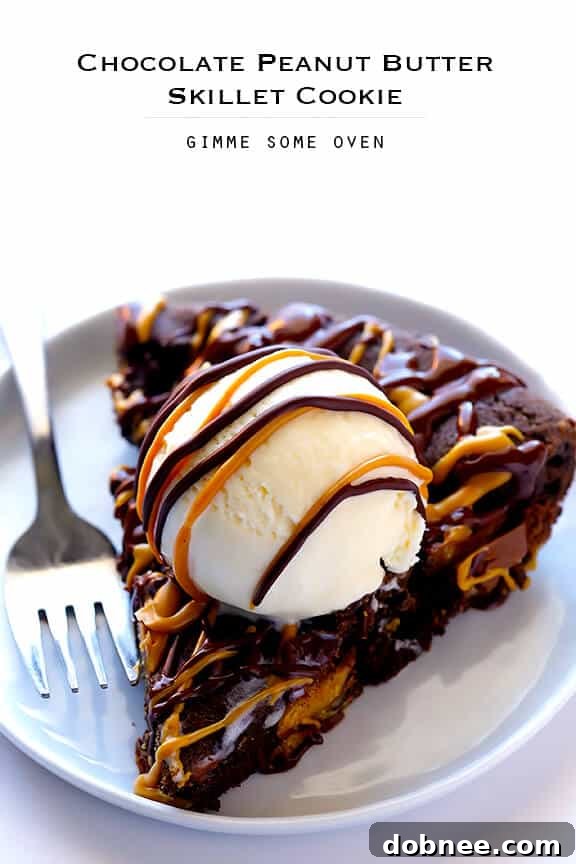 Delicious Chocolate Peanut Butter Skillet Cookie, a perfect dessert for any occasion.