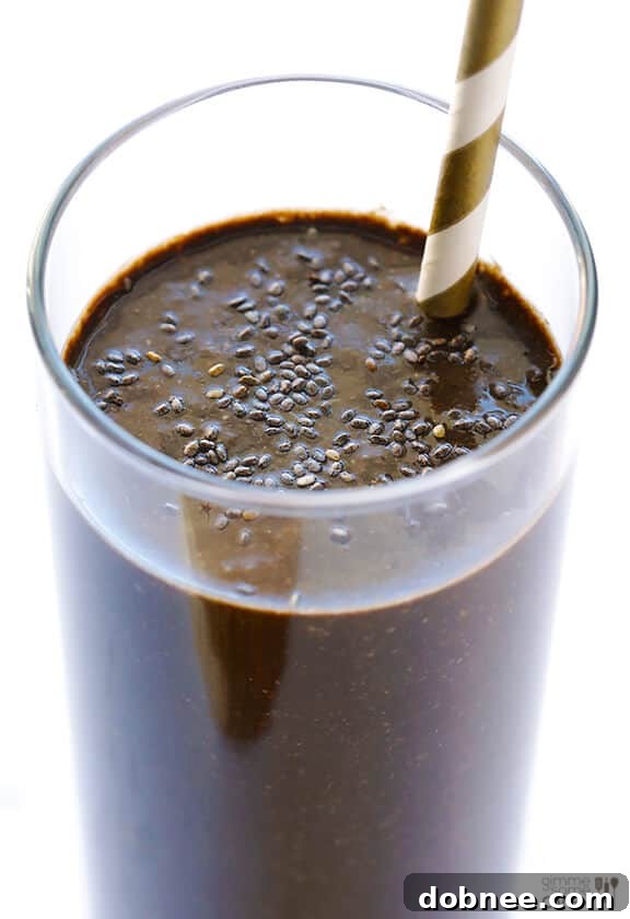 Freshly blended Chocolate Chia Smoothie, ready to enjoy