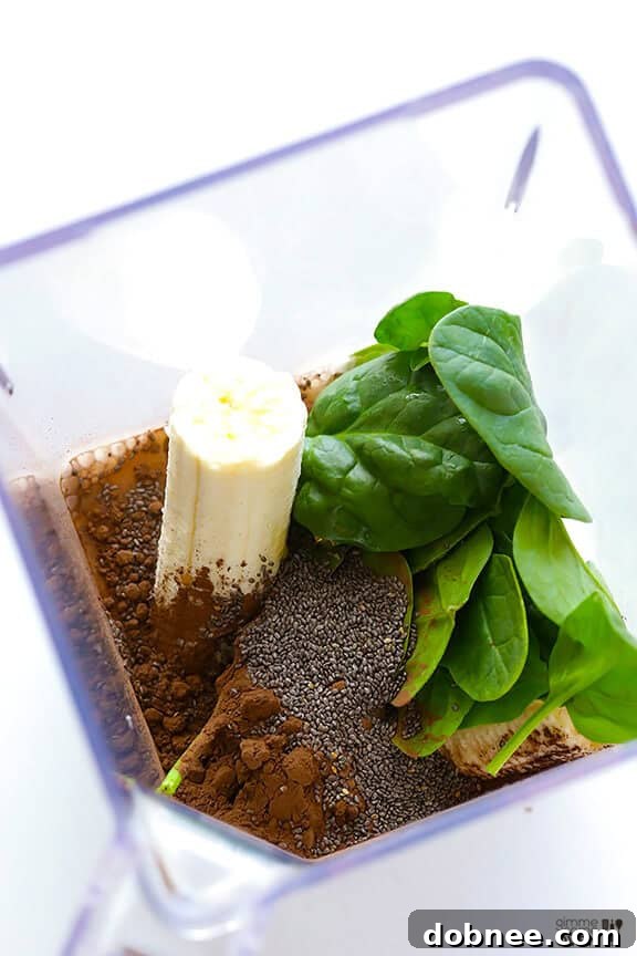 Ingredients for Chocolate Chia Smoothie: banana, spinach, milk, cocoa, chia seeds