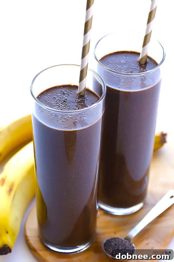 Close-up of Chocolate Chia Smoothie, garnished with chia seeds