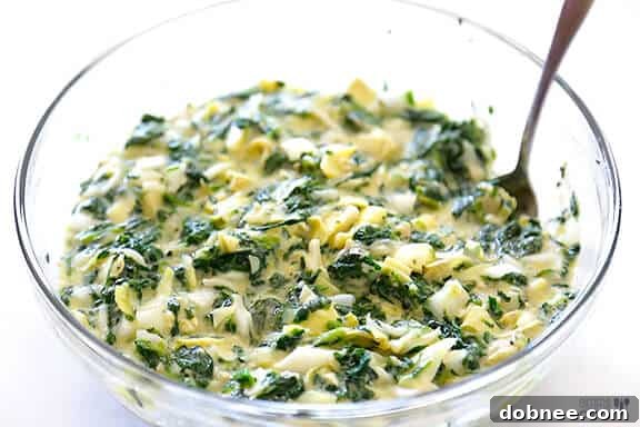 Simple steps to make Spinach Artichoke Quiche Cups: mixing ingredients.