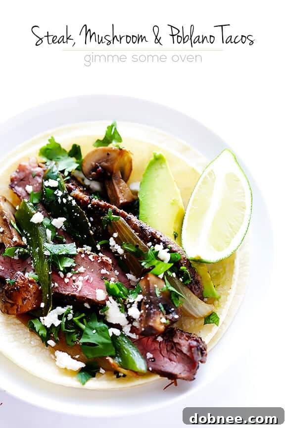 Steak, Poblano and Mushroom Tacos Recipe | gimmesomeoven.com #glutenfree #mexican