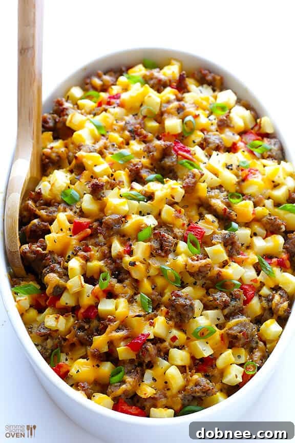 Close-up of Easy Cheesy Breakfast Casserole with melted cheese