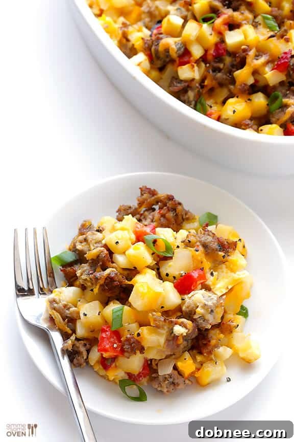 Easy Cheesy Breakfast Casserole with fresh green onions and avocado