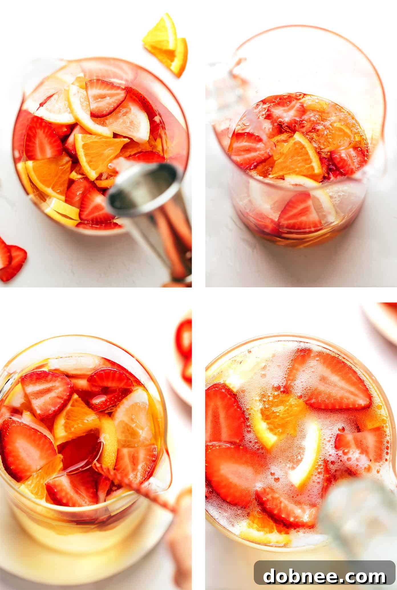 step by step photos showing how to make strawberry sangria in a pitcher
