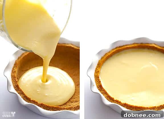 Ready for the oven: the Mojito Pie filling perfectly set in its crust. Pouring Mojito Pie filling into a graham cracker crust before baking.