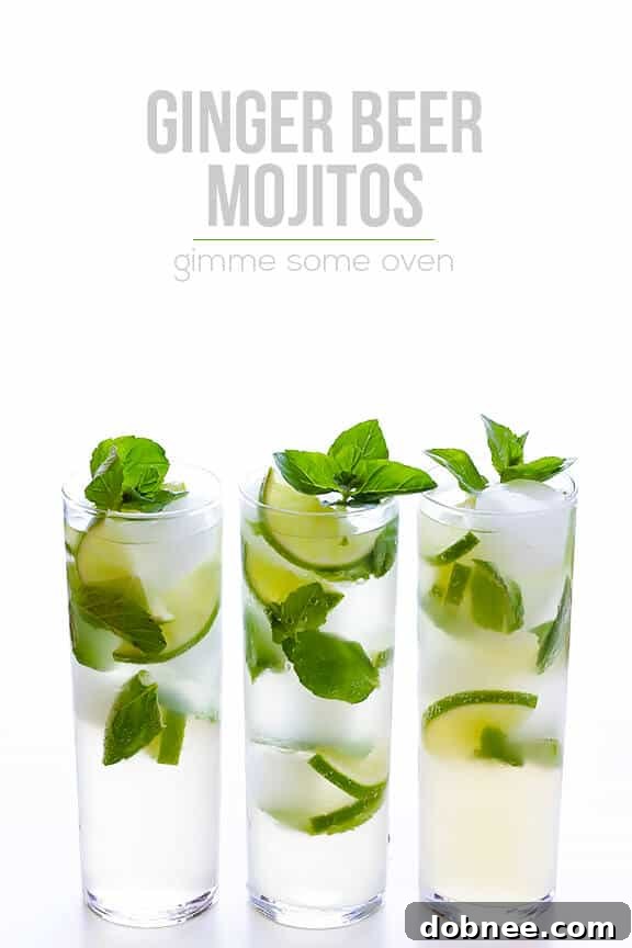 Close-up of a Ginger Beer Mojito with vibrant green mint leaves and lime, inviting a sip.