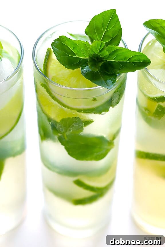 Ingredients for a Ginger Beer Mojito: fresh mint, sliced limes, a bottle of rum, and ginger beer.