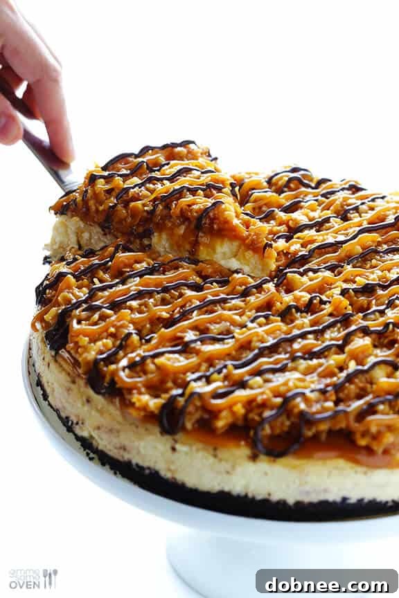 Close-up of a Samoa Cheesecake slice, revealing the rich textures and decadent toppings.