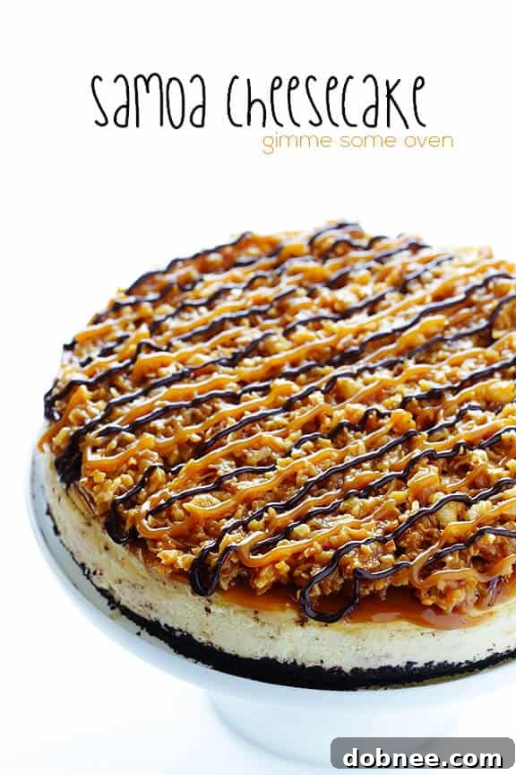 A whole Samoa Cheesecake, elegantly presented and ready to be sliced, inviting indulgence.