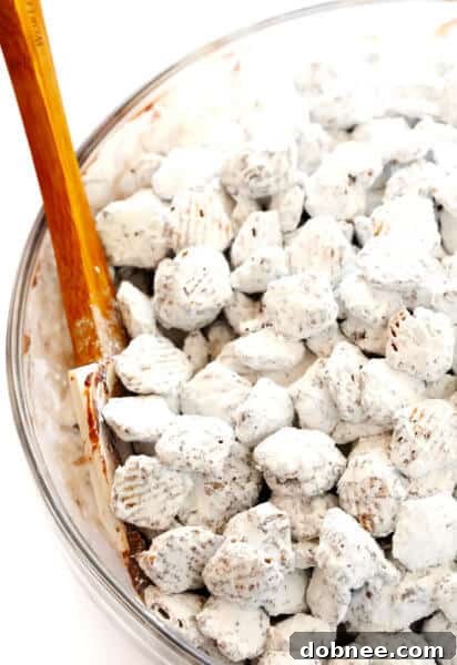 A tantalizing image of finished Puppy Chow (Muddy Buddies) ready to be devoured.