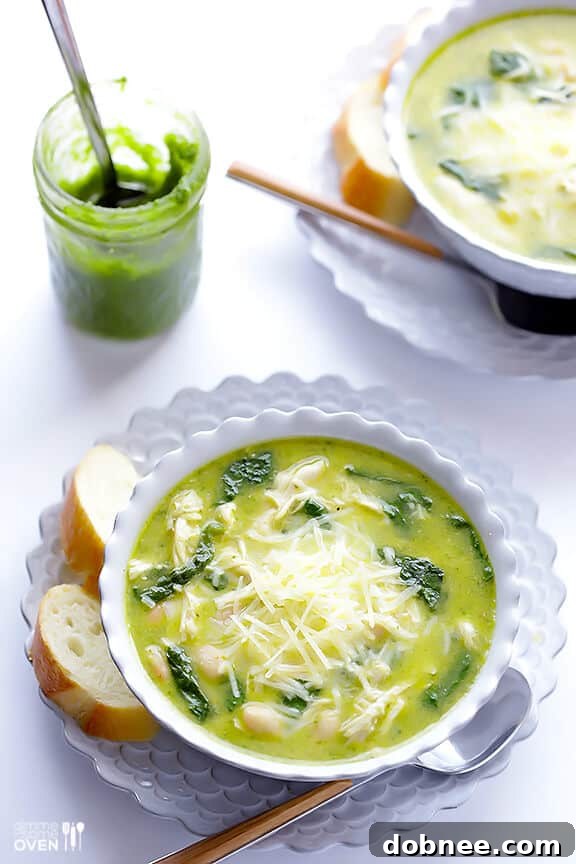 Comforting bowl of 5-Ingredient Pesto Chicken Soup, perfect for a quick and flavorful meal.