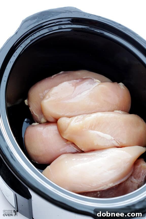 Boneless, skinless chicken breasts ready for slow cooking