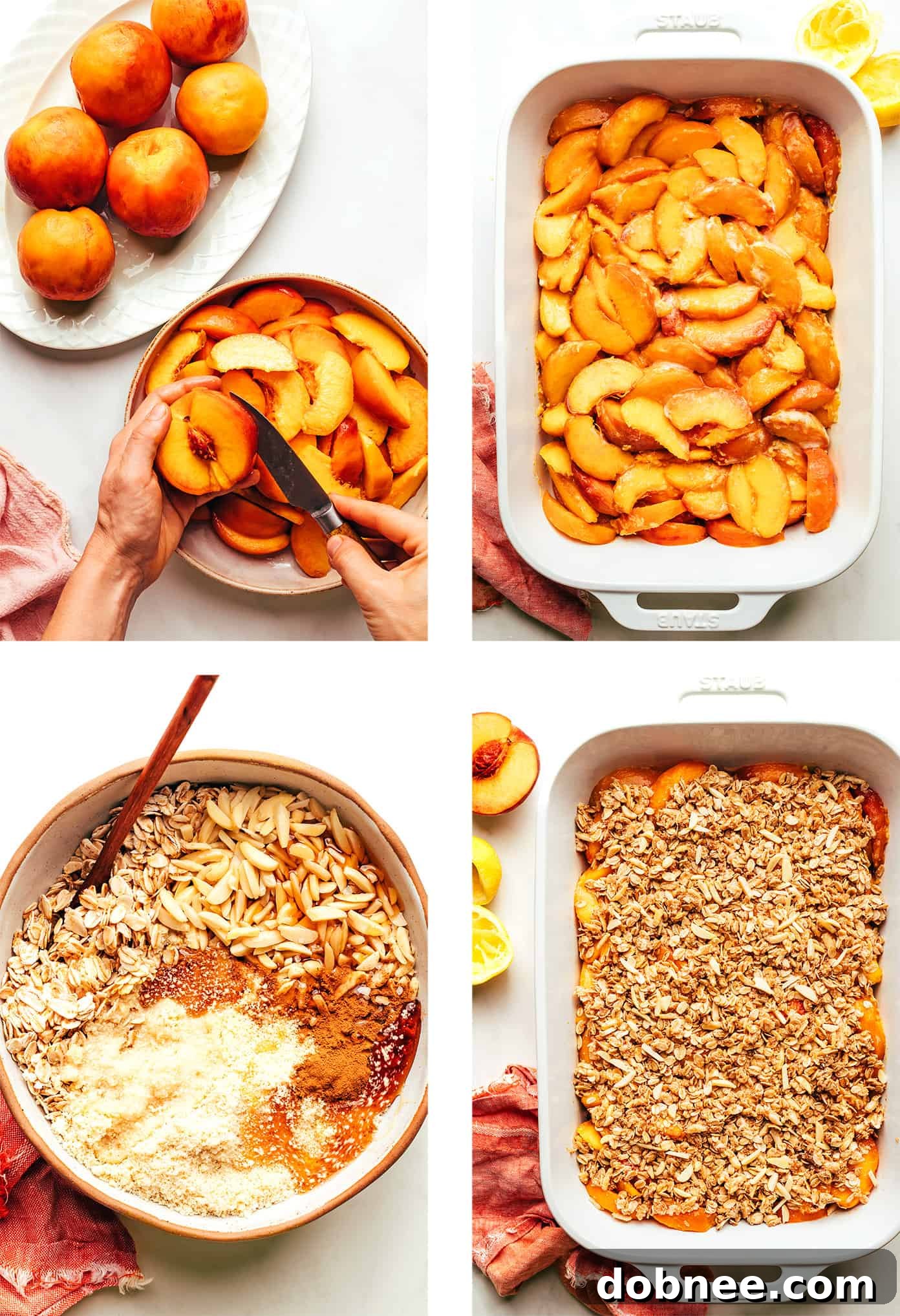 Step-by-step photos illustrating the preparation of Ginger Peach Crisp, from mixing to baking.