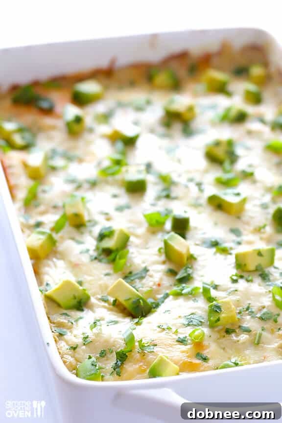 Close-up of baked White Chicken Enchilada Casserole